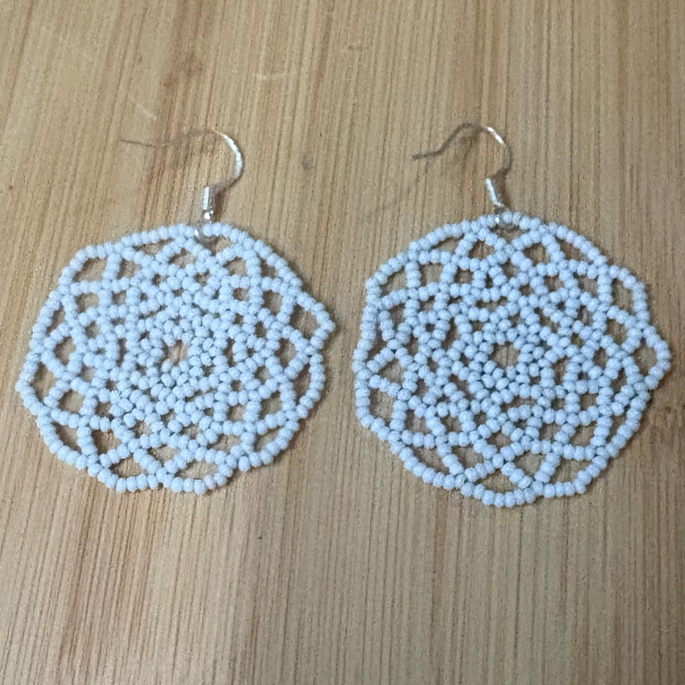 Elegant White Flower Of Life Beaded Earrings